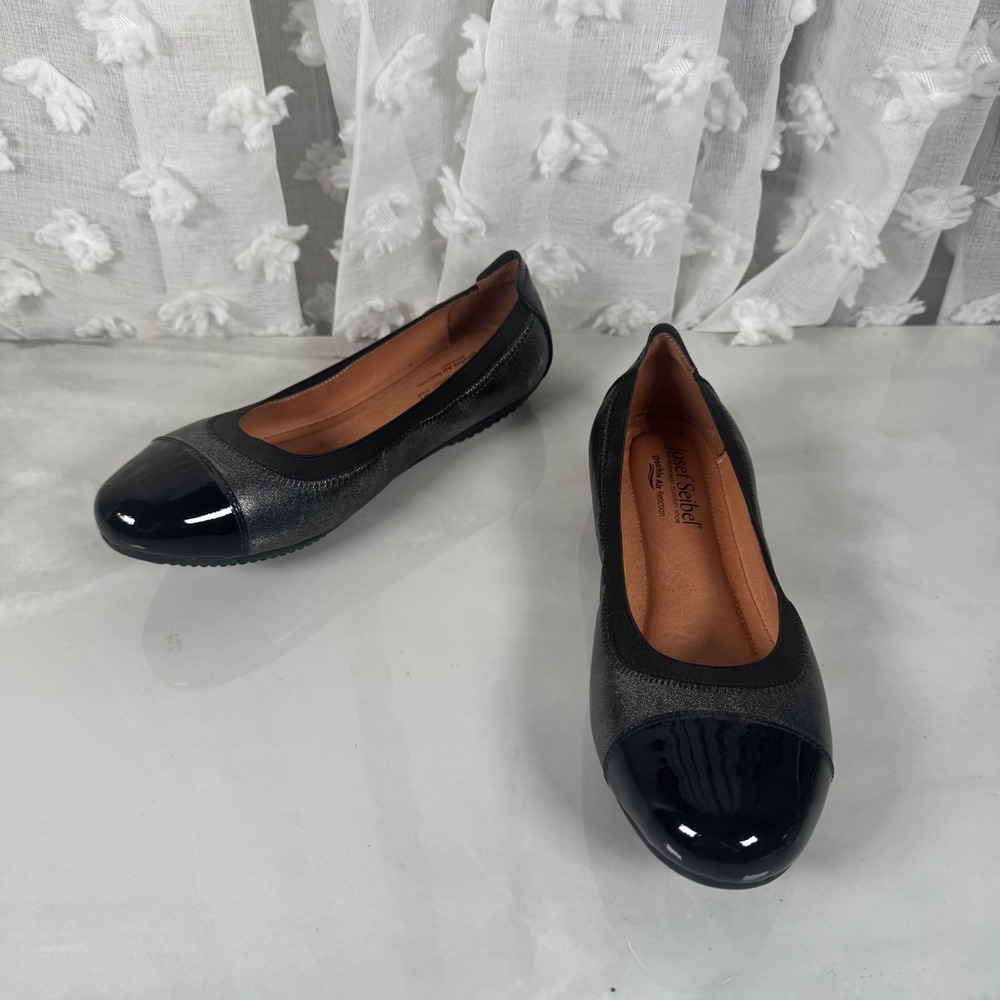 Josef Seibel Leather Ballet Flats European Comfort Shoe Cap‎ Toe Black Pewter 38